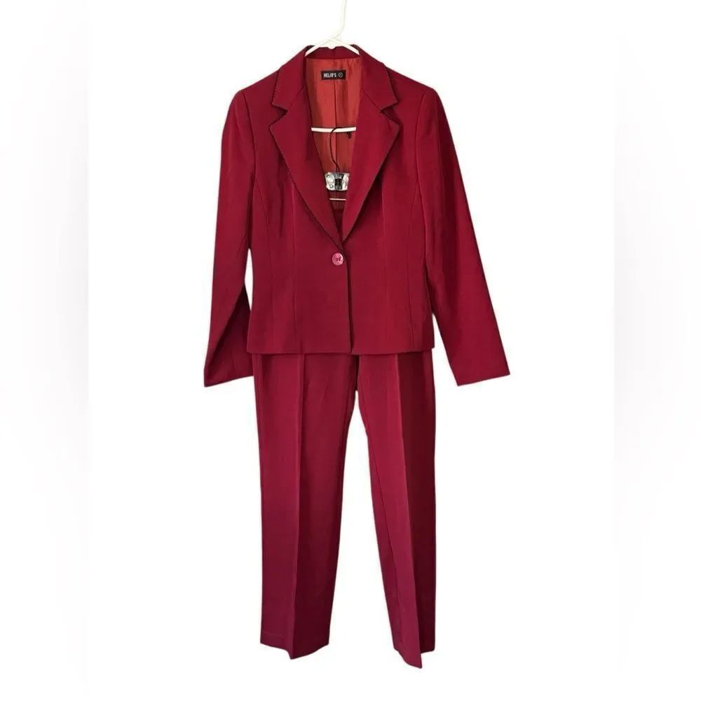 Helio's Women's Blazer & Trouser Pants Set in Cherry Red w/ Black Stitch - Small